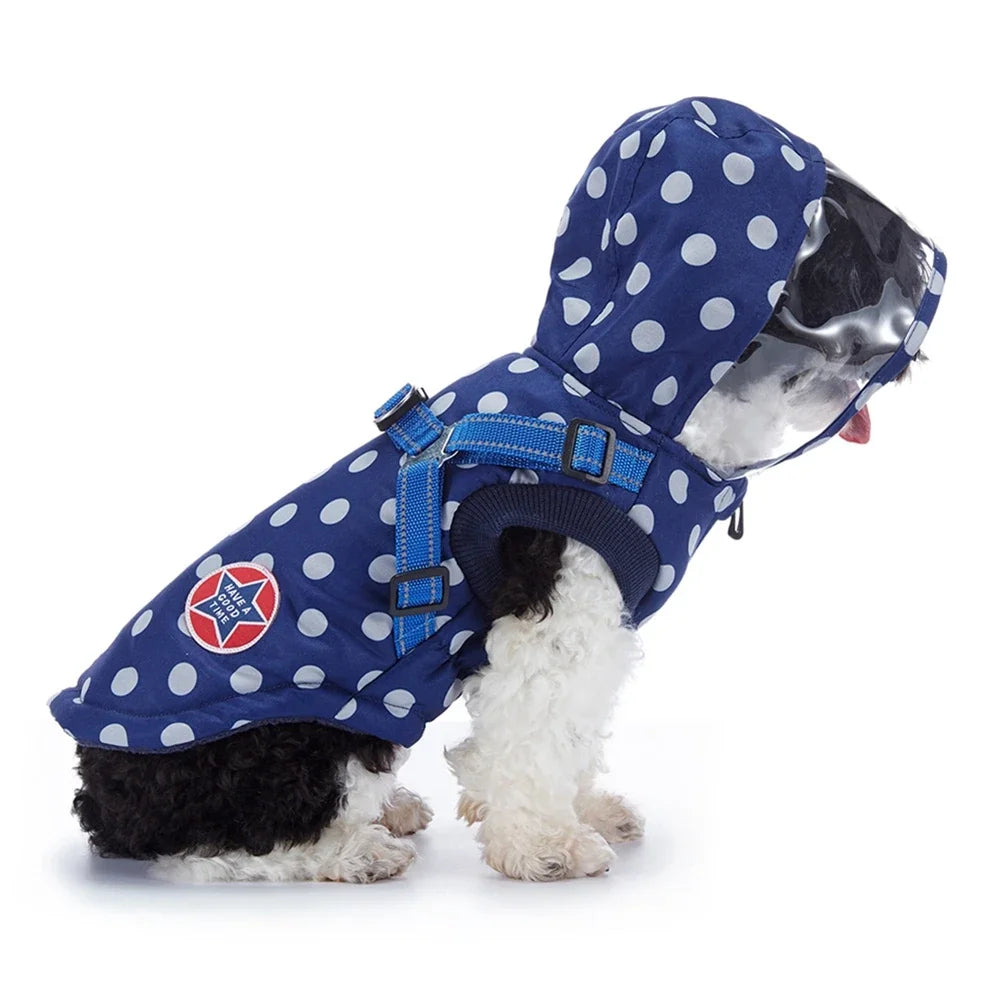 Winter, Warm, Cotton Hooded Dog Jacket with Harness, Waterproof