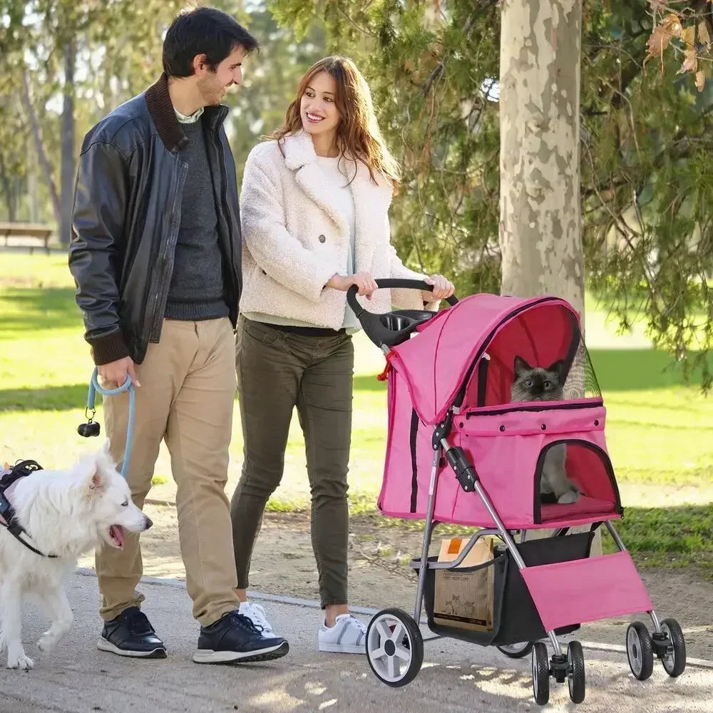 Foldable Pet Stroller 4 Wheel w/ Cup Holder