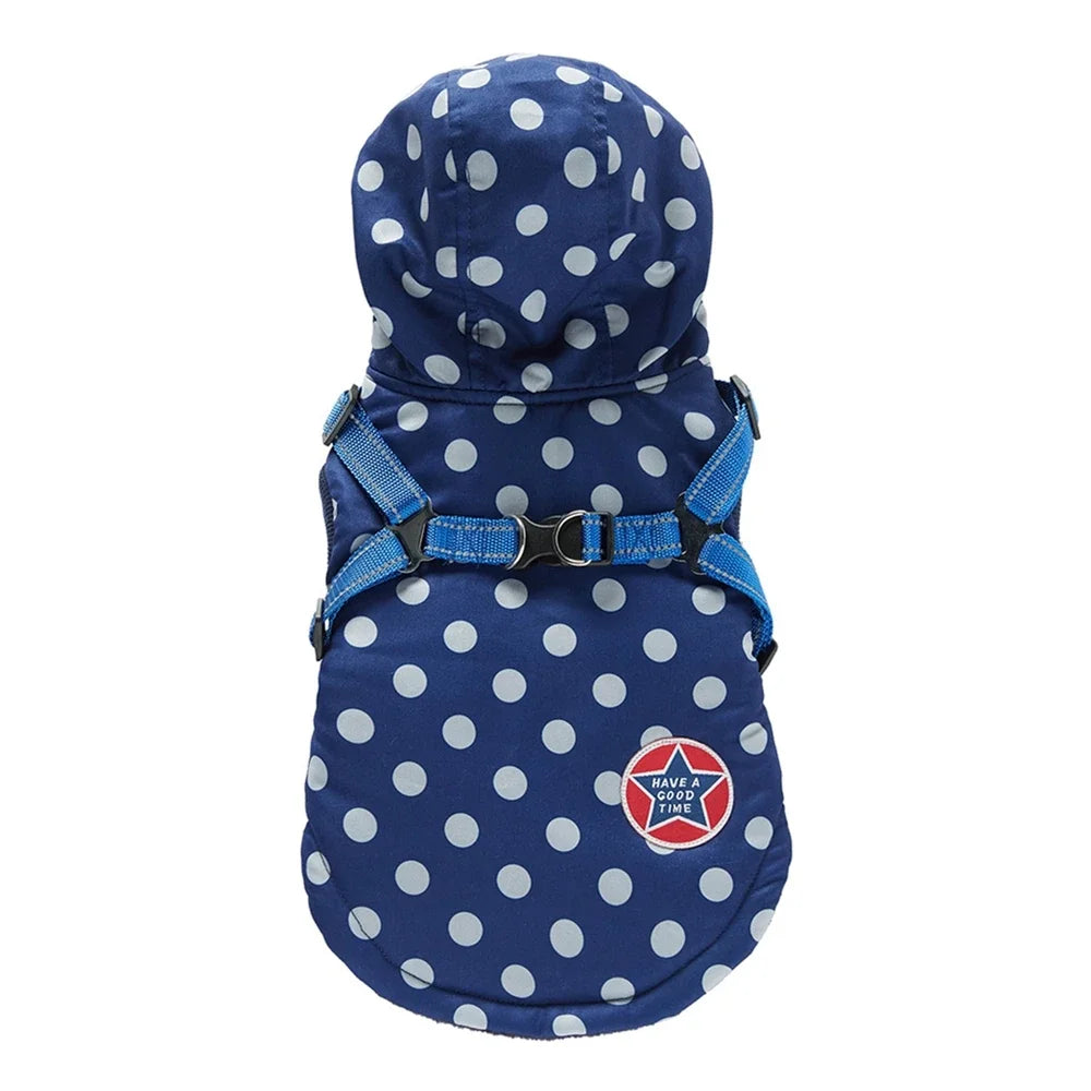 Winter, Warm, Cotton Hooded Dog Jacket with Harness, Waterproof