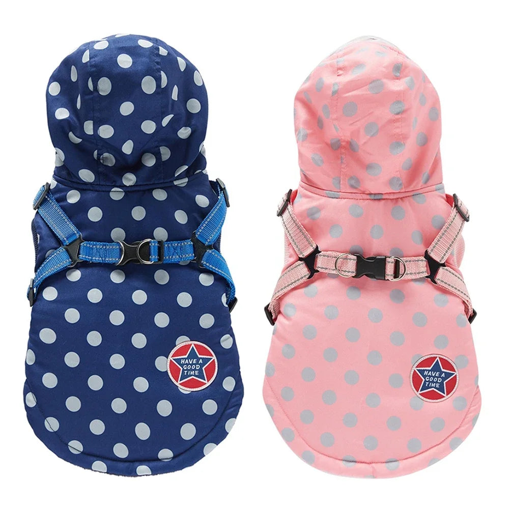 Winter, Warm, Cotton Hooded Dog Jacket with Harness, Waterproof