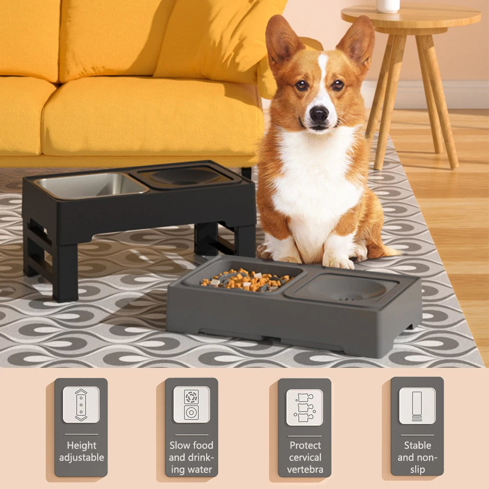 4 Adjustable Heights Elevated Dog Food Slow Feeder with Stainless Steel Bowls