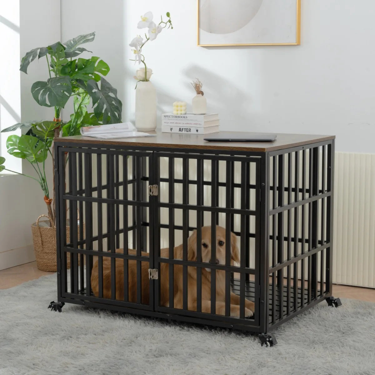 Heavy Duty Furniture Dog Crate for Large & Medium Dogs, 4 Lockable Wheels & 2 Locks, Kennel.