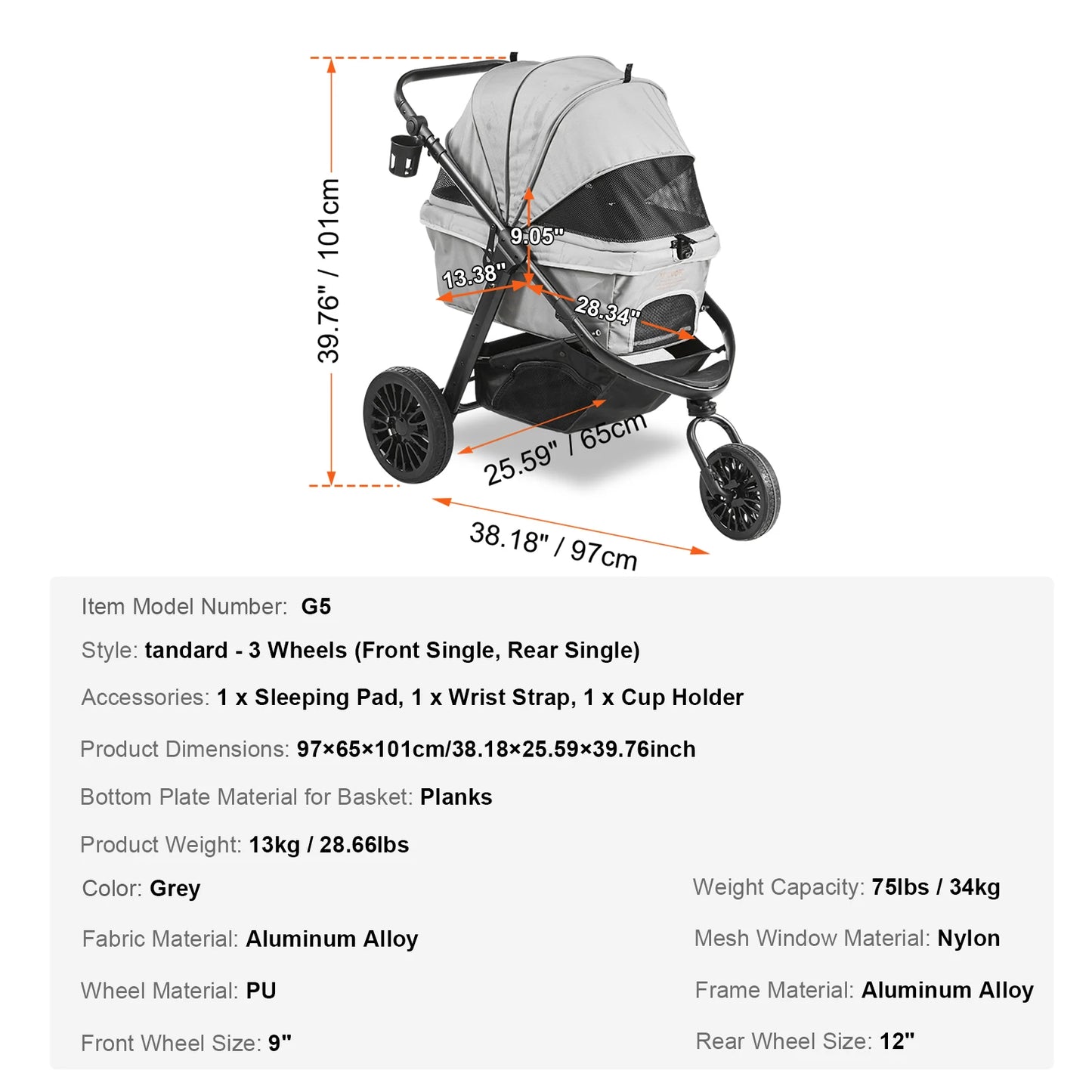 Dog Stroller Carrier, Lightweight Travel with Brakes, Cup Holder