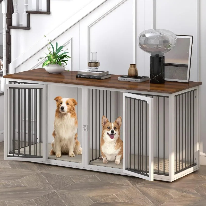 Steel Frame, Large 2 Dog Crate Furniture, Double Doors, Double Dog Cage (White)