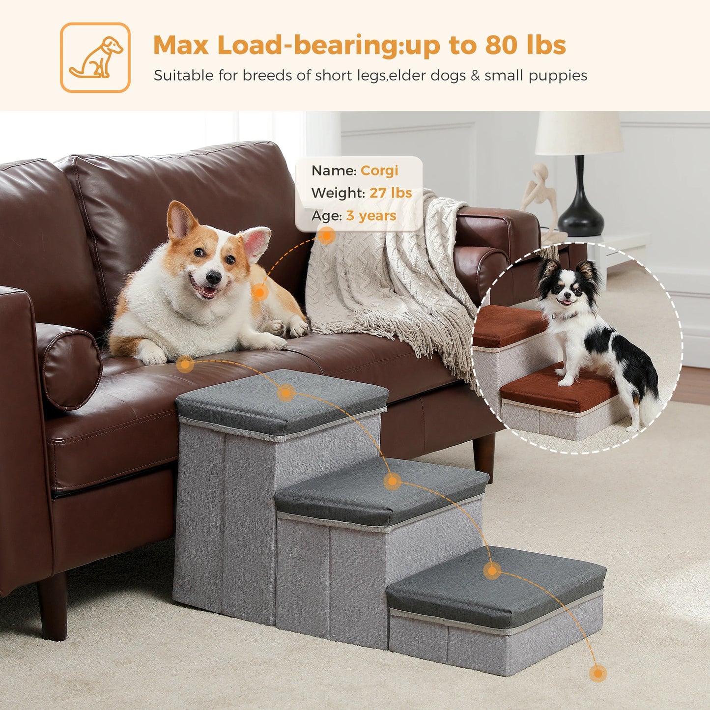 3-Tier Dog Steps Foldable Adjustable Height Stairs