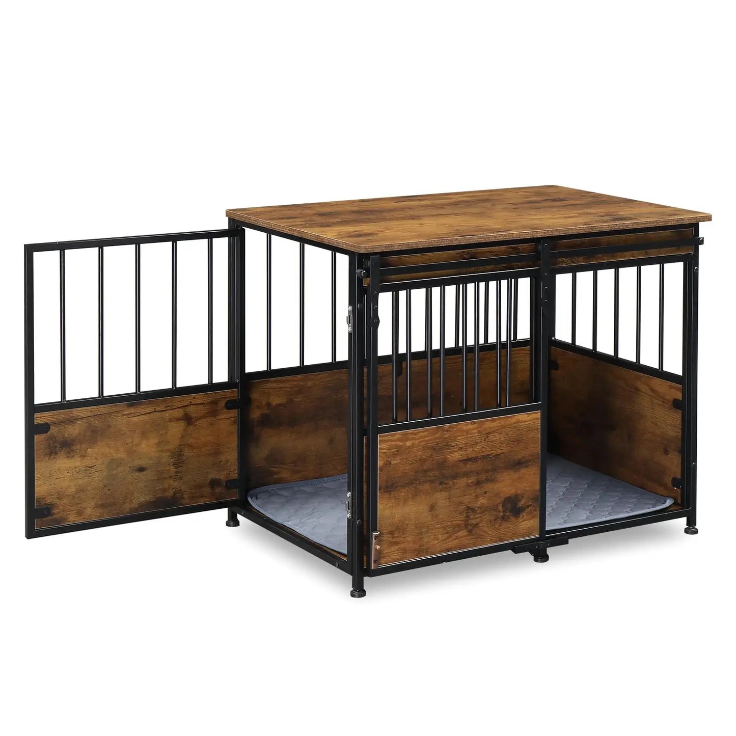 Heavy Duty Wooden, Rustic, Brown Furniture Dog Crate, Cushion Double Doors