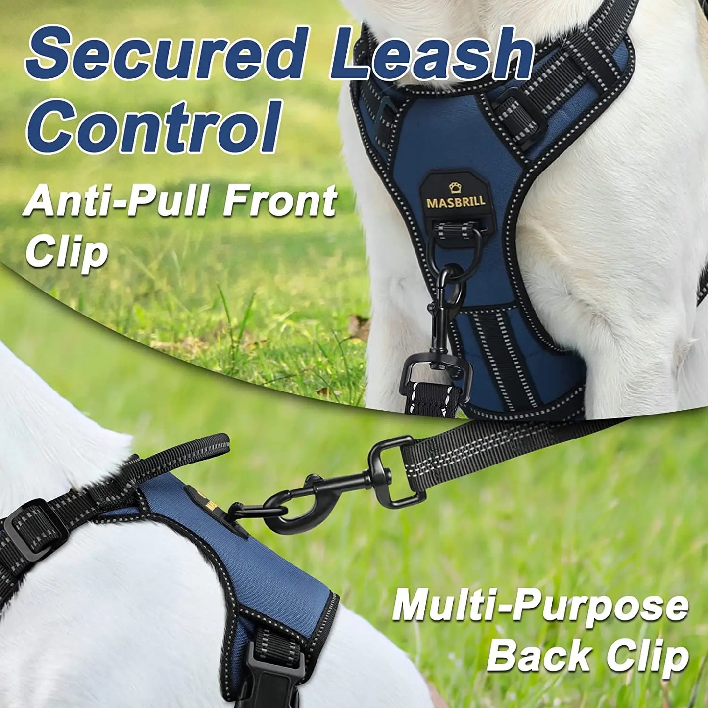 Dog Nylon Adjustable Reflective Dog Vest, No Pull, 2 Metal Leash Hooks, Easy Control