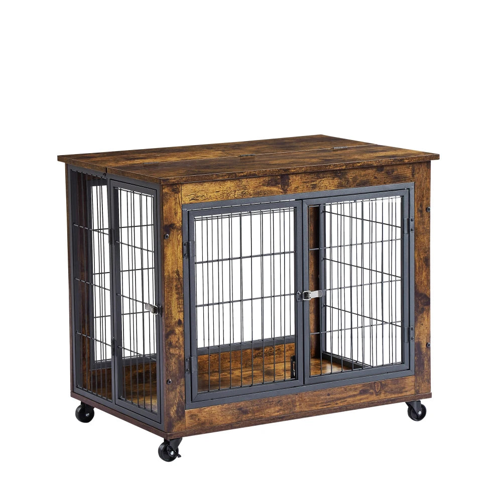 Rustic Brown Furniture Table on Wheels, Double Doors and Lift Top Dog Crate/Kennel