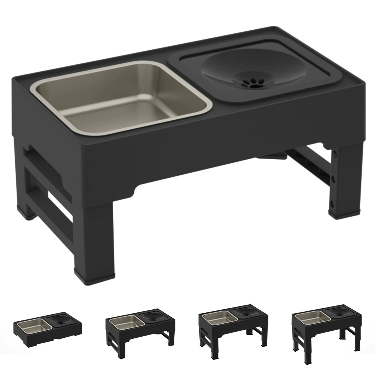 4 Adjustable Heights Elevated Dog Food Slow Feeder with Stainless Steel Bowls