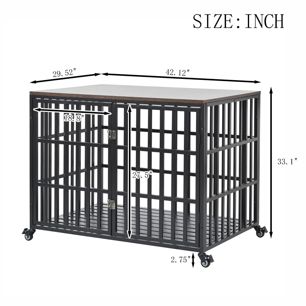 Heavy Duty Furniture Dog Crate for Large & Medium Dogs, 4 Lockable Wheels & 2 Locks, Kennel.