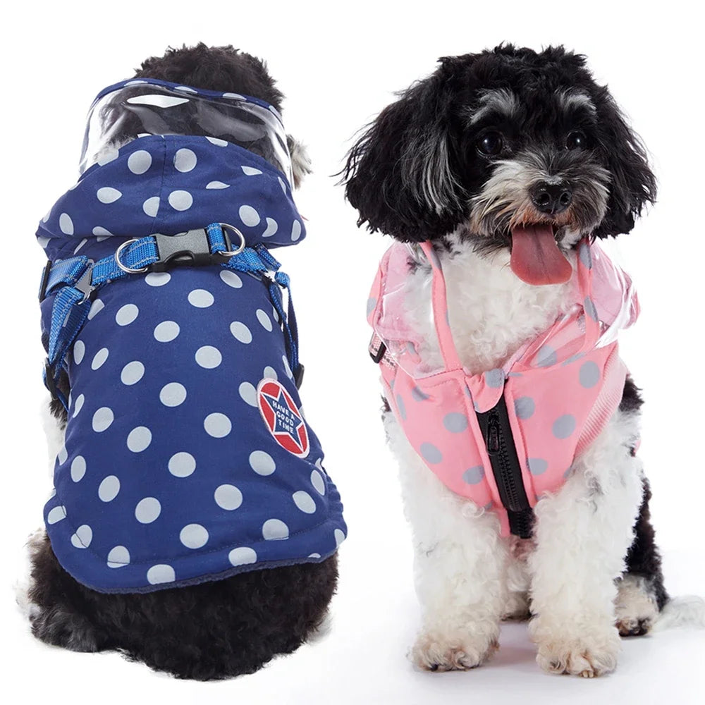Winter, Warm, Cotton Hooded Dog Jacket with Harness, Waterproof