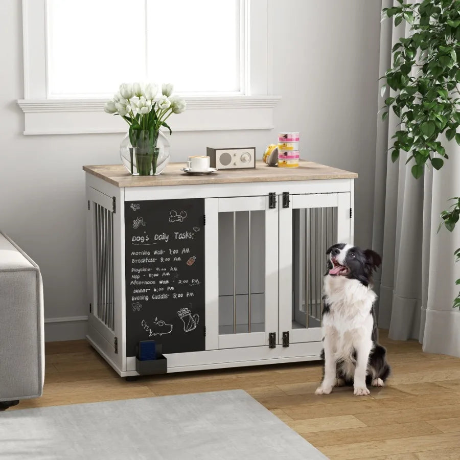 Dog Crate Furniture/Side Table for Large Dogs, Three Doors Blackboard NonSlip