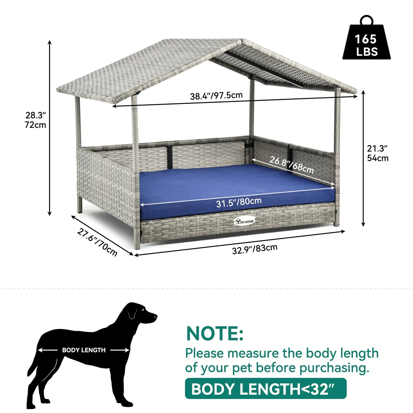 Elevated 32.9in Outdoor Rattan Doghouse with Canopy and Water-Resistant