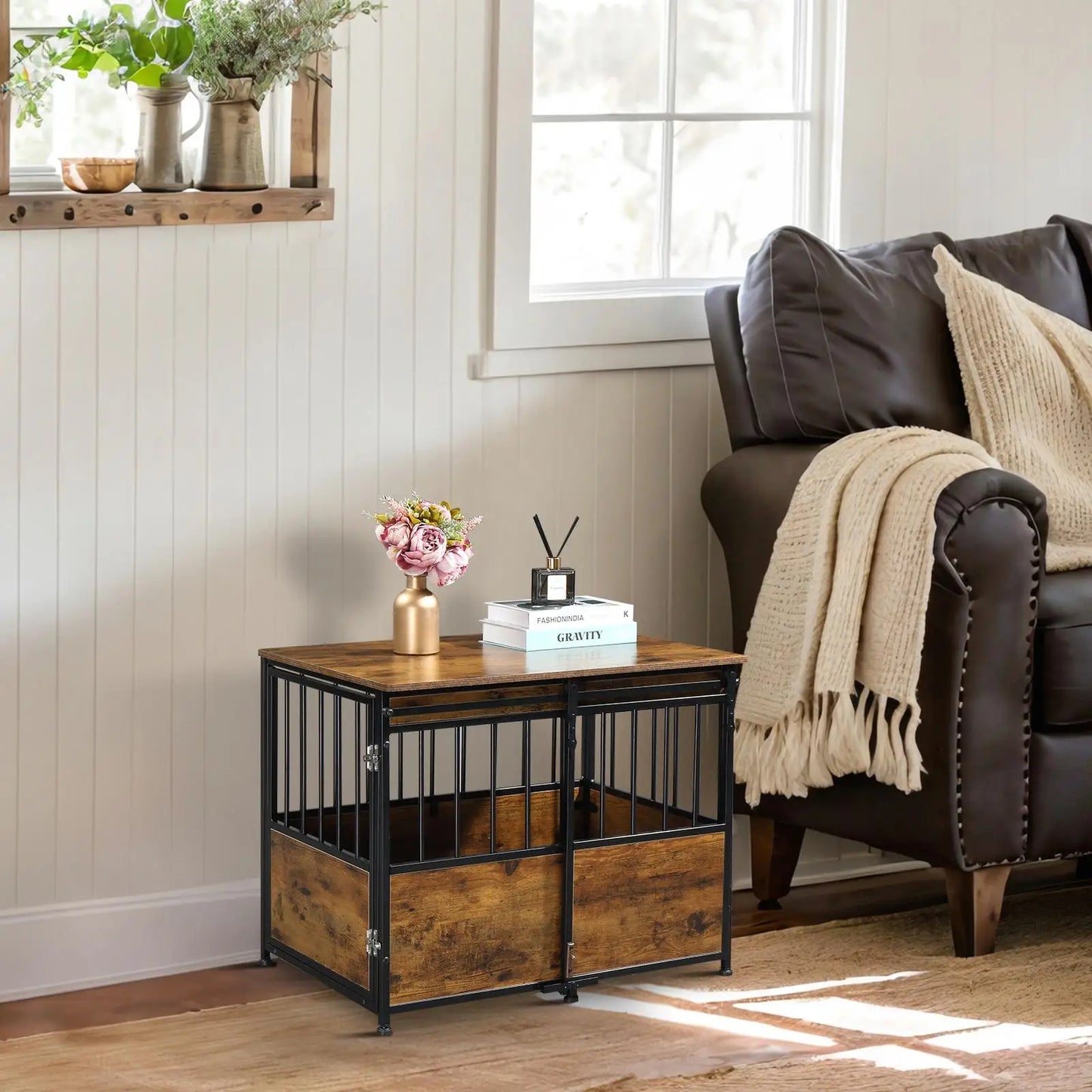 Heavy Duty Wooden, Rustic, Brown Furniture Dog Crate, Cushion Double Doors