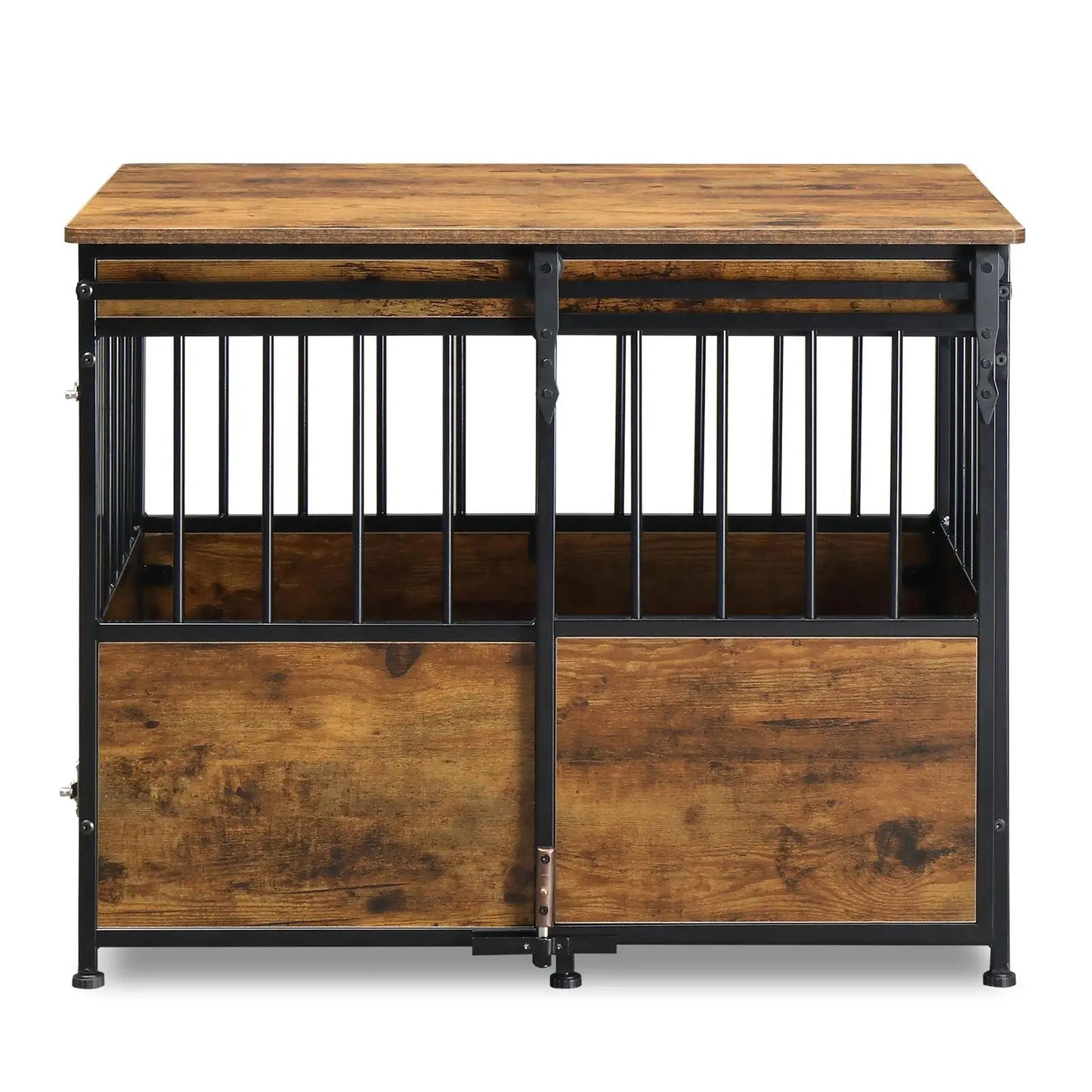 Heavy Duty Wooden, Rustic, Brown Furniture Dog Crate, Cushion Double Doors
