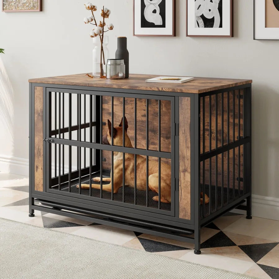 Furniture Wooden Dog Crate Table, 2 Thick Iron Sliding Doors
