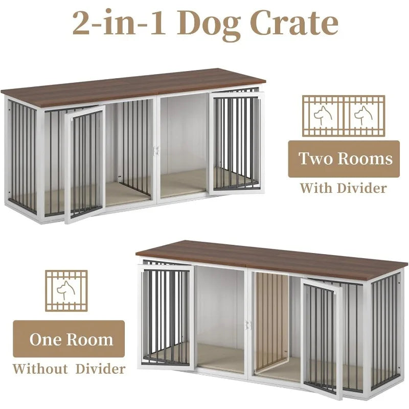 Steel Frame, Large 2 Dog Crate Furniture, Double Doors, Double Dog Cage (White)