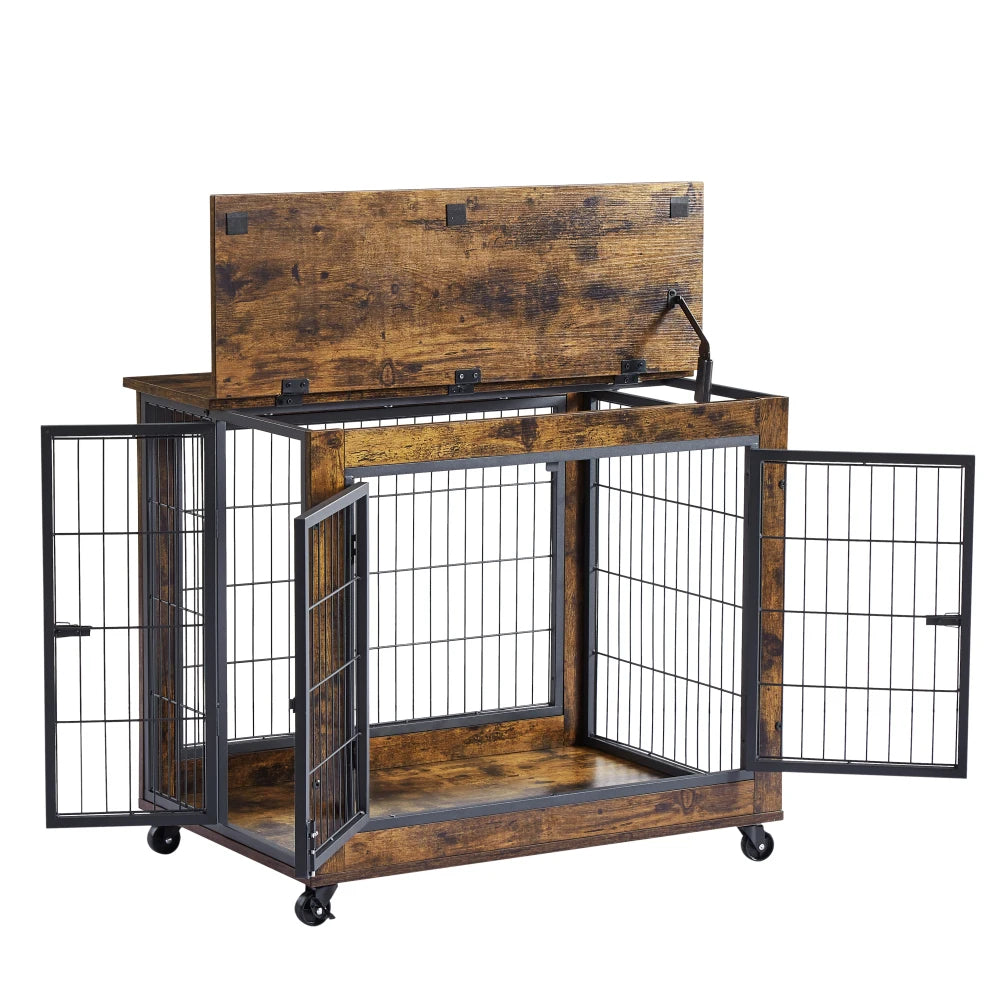 Rustic Brown Furniture Table on Wheels, Double Doors and Lift Top Dog Crate/Kennel