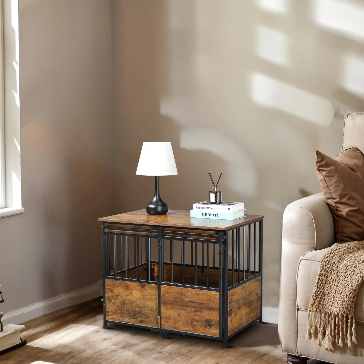 Heavy Duty Wooden, Rustic, Brown Furniture Dog Crate, Cushion Double Doors