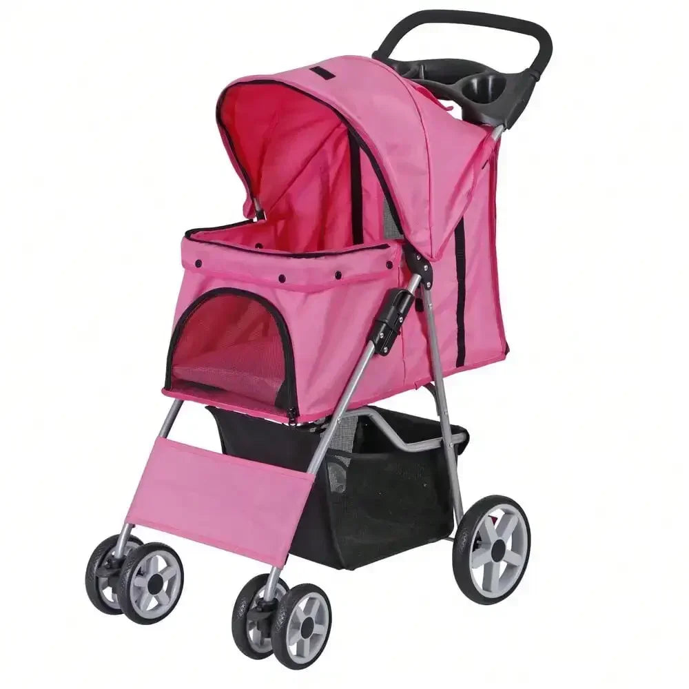 Foldable Pet Stroller 4 Wheel w/ Cup Holder