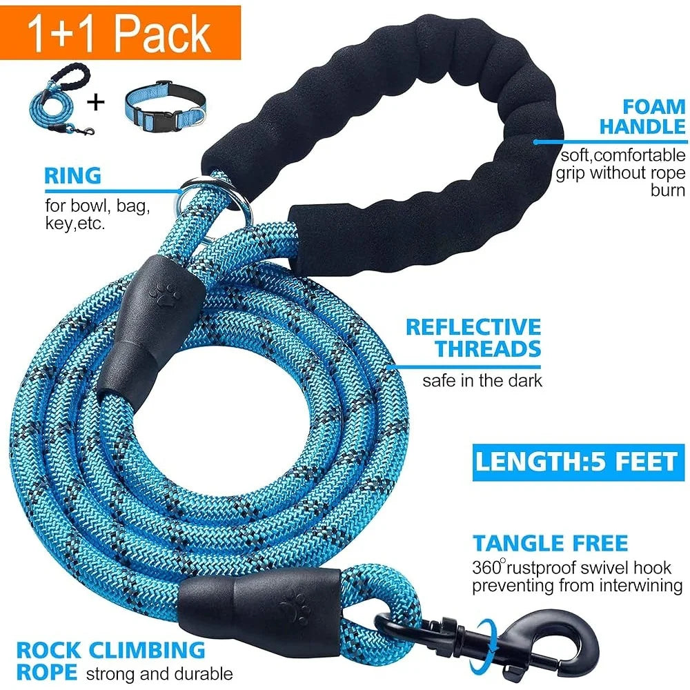Adjustable Reflective Dog Collar with Bonus 5ft Leash