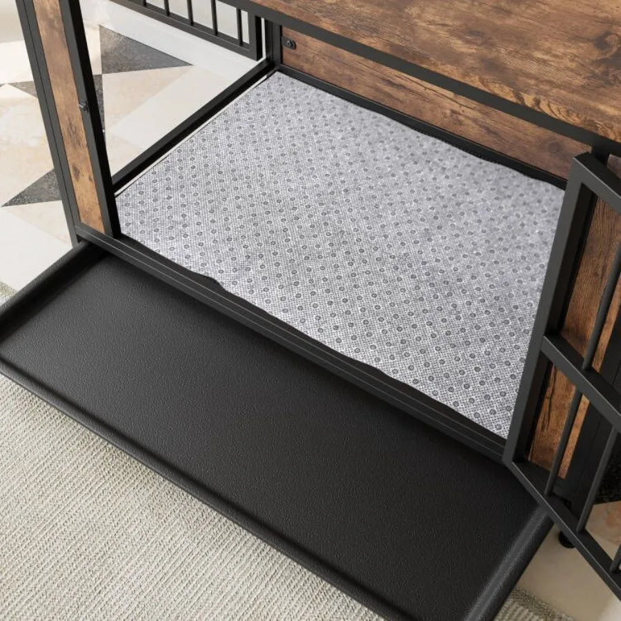 Furniture Wooden Dog Crate Table, 2 Thick Iron Sliding Doors