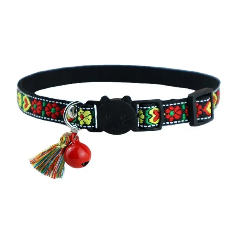 Adjustable embellished dog collar, tassels, bells, plaid, jacquard pattern