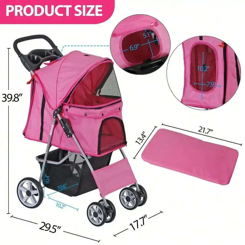 Foldable Pet Stroller 4 Wheel w/ Cup Holder