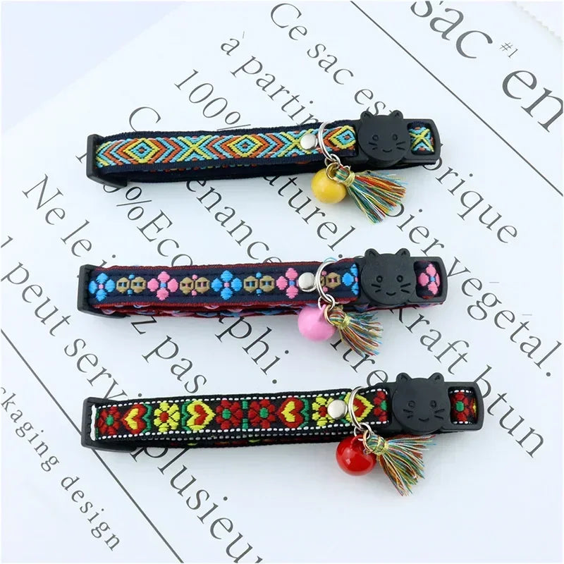 Adjustable embellished dog collar, tassels, bells, plaid, jacquard pattern