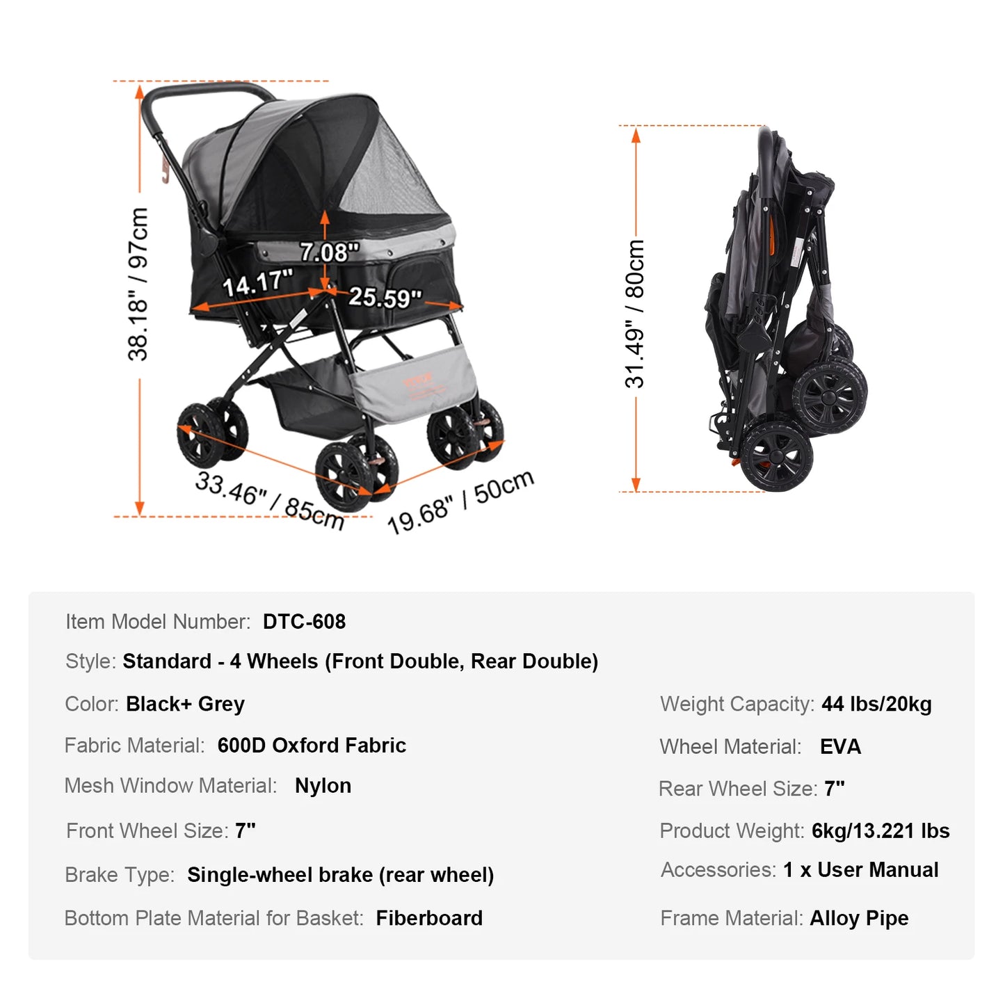 Dog Stroller Carrier, Lightweight Travel with Brakes, Cup Holder