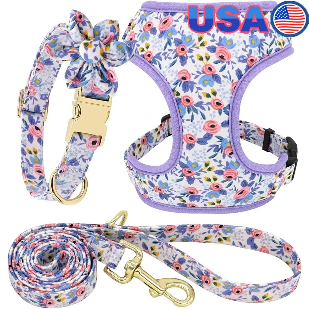 Dog Adjustable, Harness Leash Collar Set, Floral Soft Mesh Vest