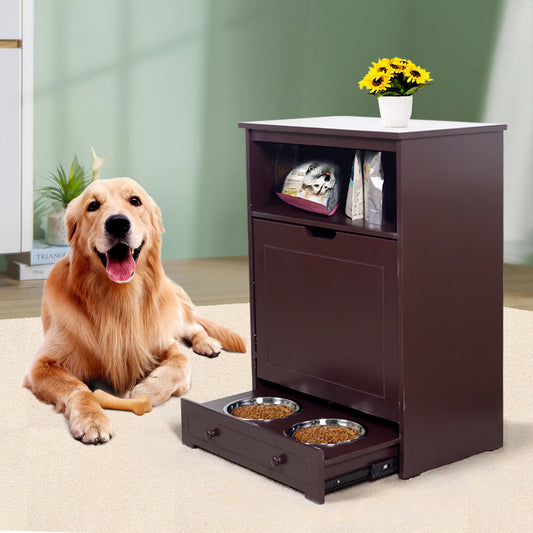 Cabinet Waterproof Painted Dog Feeder Station, Stainless Bowls