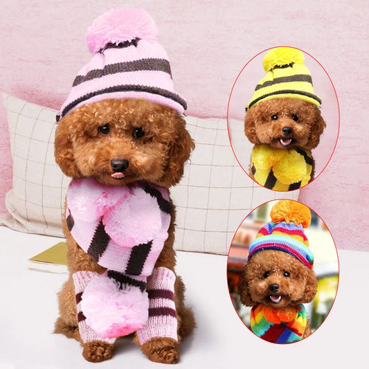 3pcs/Set Dog Cap Winter Knitted Hat, Scarf, Leggings- Small Dogs