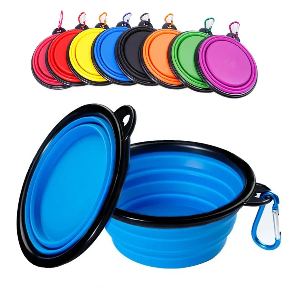 Outdoor Camping, Collapsible, Silicone Dog Food Water Bowl with Carabiner