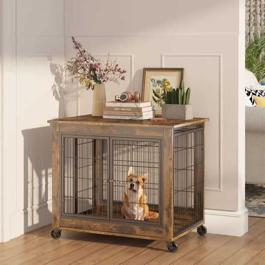 Rustic Brown Furniture Table on Wheels, Double Doors and Lift Top Dog Crate/Kennel