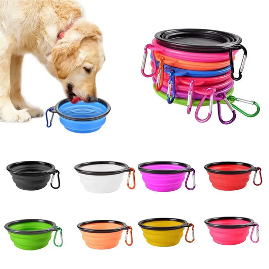 Outdoor Camping, Collapsible, Silicone Dog Food Water Bowl with Carabiner