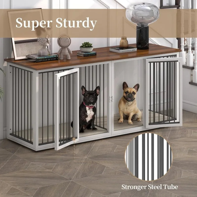Steel Frame, Large 2 Dog Crate Furniture, Double Doors, Double Dog Cage (White)