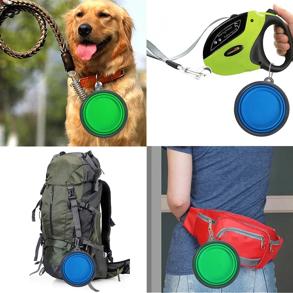 Outdoor Camping, Collapsible, Silicone Dog Food Water Bowl with Carabiner