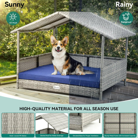 Elevated 32.9in Outdoor Rattan Doghouse with Canopy and Water-Resistant