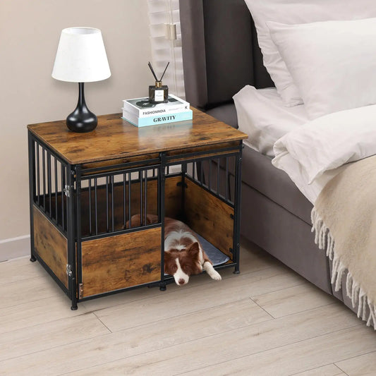 Heavy Duty Wooden, Rustic, Brown Furniture Dog Crate, Cushion Double Doors