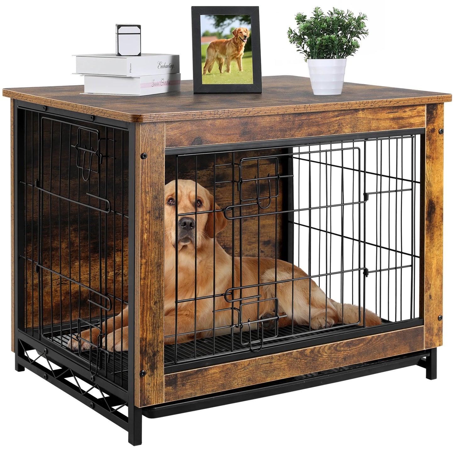 Double Doors Heavy-Duty, Furniture Wooden Side End Table Modern Dog Kennel/Crate