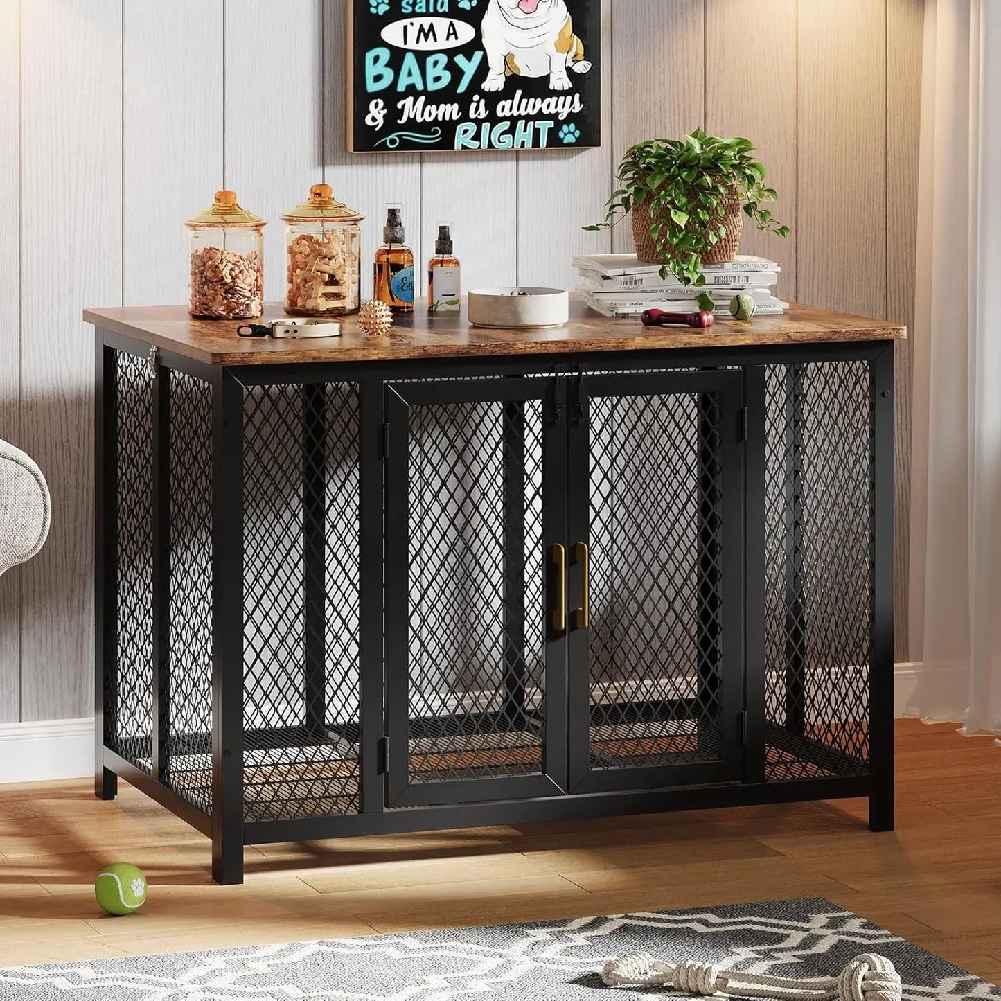 Large Dog Crate Furniture/Kennel, 2 Doors Metal, End Table