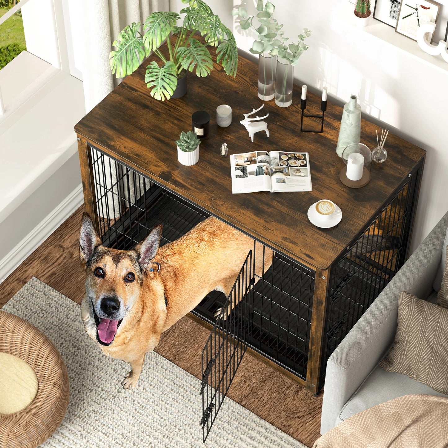 End Table Furniture, Wood Metal Kennel, 2 Doors, Removable Tray, Dog Crate,