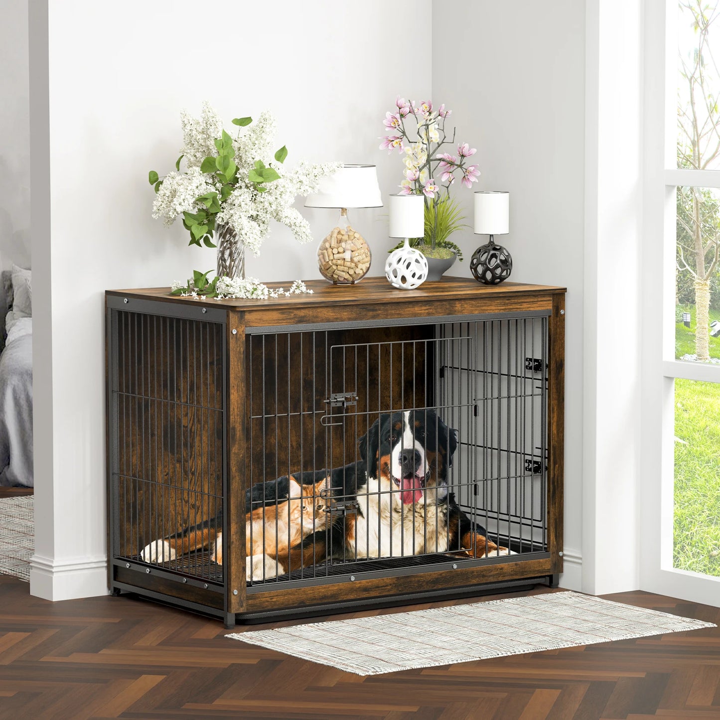 End Table Furniture, Wood Metal Kennel, 2 Doors, Removable Tray, Dog Crate,