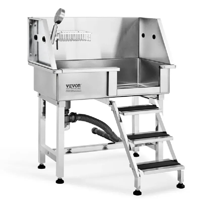 Dog Bathing Station w/Ramp, Professional Stainless Steel Dog Grooming Tub w/ Storage Drawer, Faucet