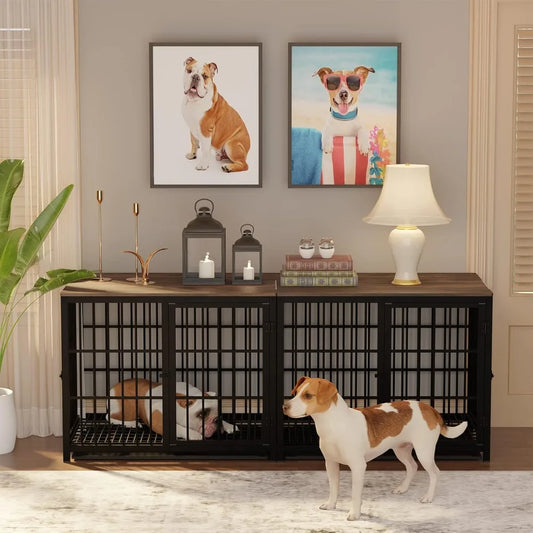 Heavy Duty Furniture Side Table Dog Kennels/Crate, Three Doors,  Removable Tray