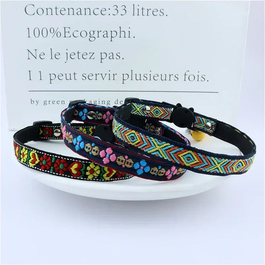 Adjustable embellished dog collar, tassels, bells, plaid,  jacquard pattern
