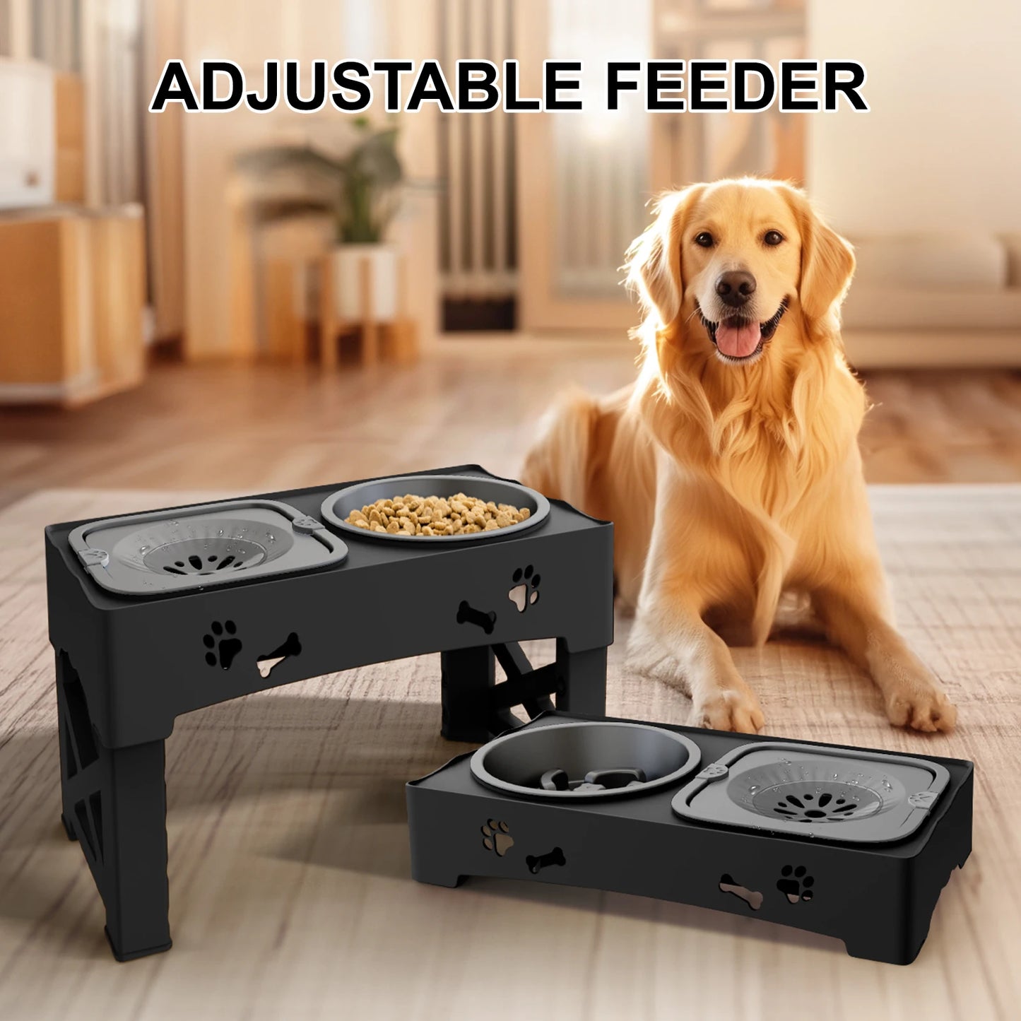 3 In 1 Dog Slow, Feeder Double Bowls Foldable With 5 Adjustable Height