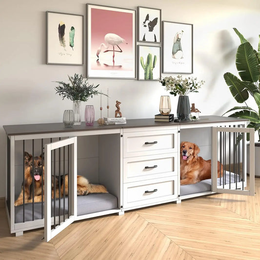 Furniture Farmhouse Wooden Dog Kennel/Crate 3 Drawer, Locking Double Doors