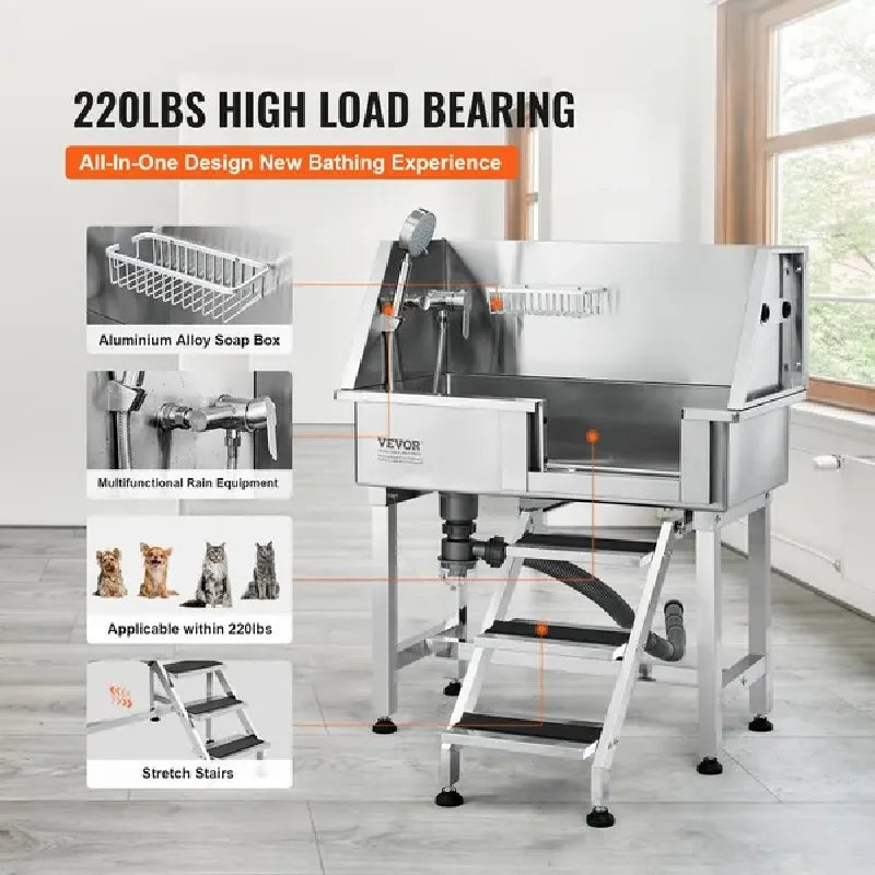 Dog Bathing Station w/Ramp, Professional Stainless Steel Dog Grooming Tub w/ Storage Drawer, Faucet